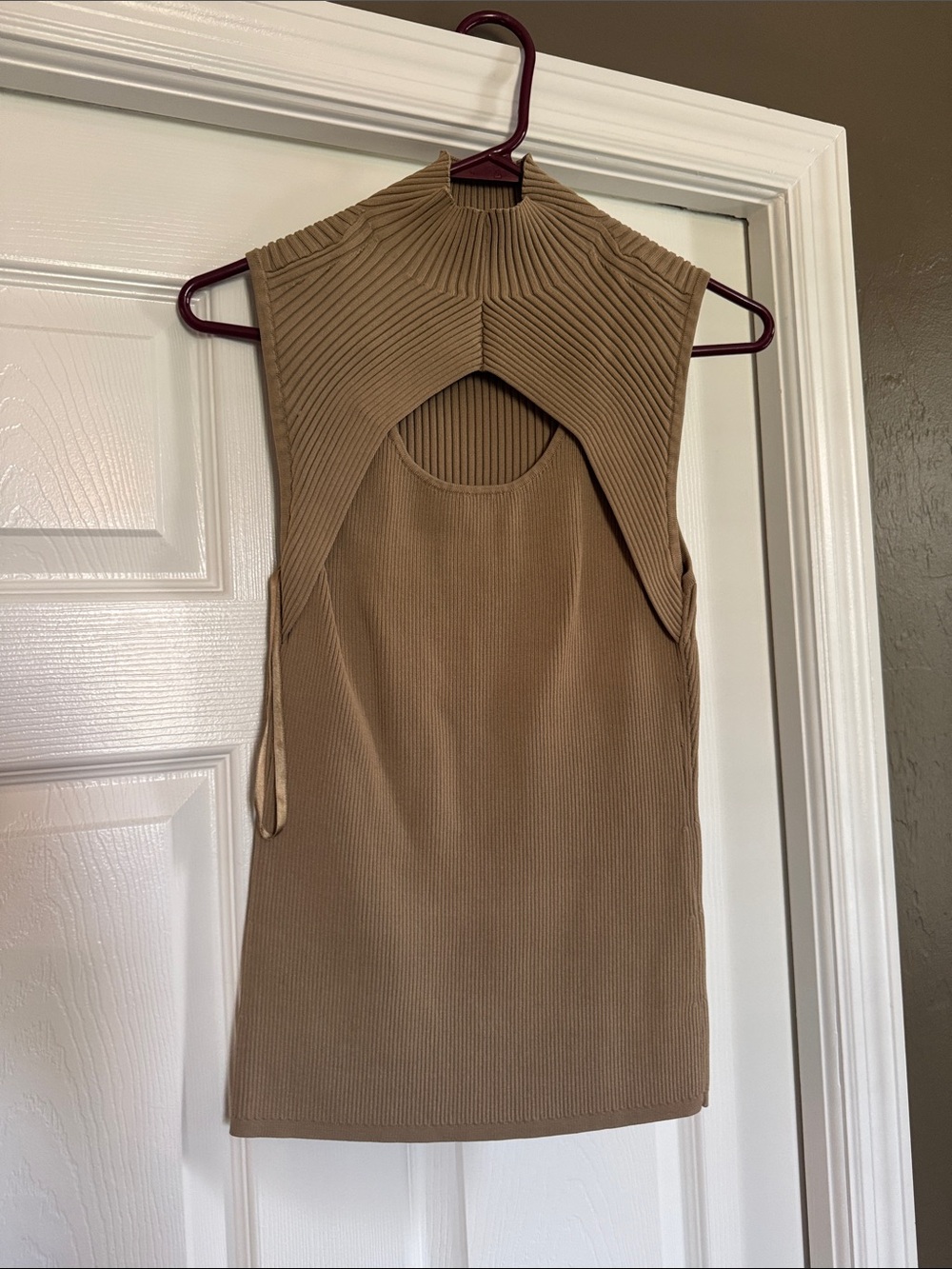 White House Black Market Tan Ribbed Mock Neck Cutout Tank